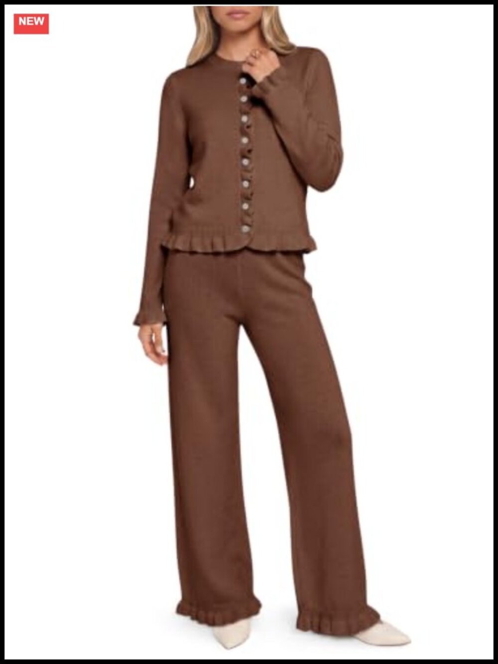 Women's Cozy Knit Lounge Set with Ruffled Cardigan and Wide Leg Pants